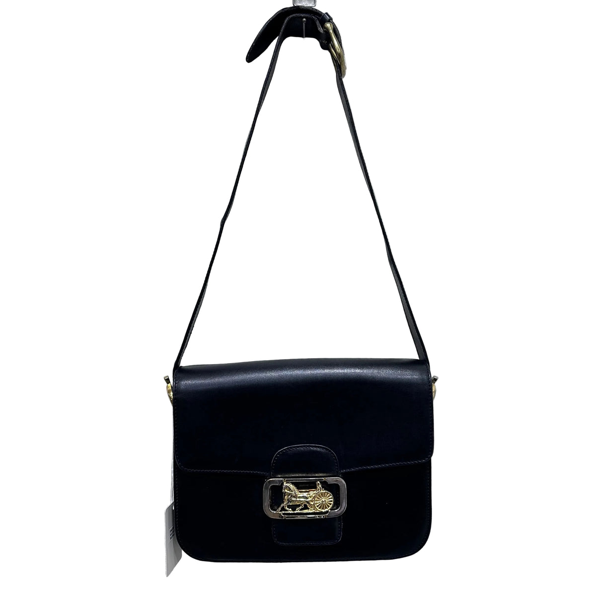 CELINE  Vintage Celine Horse Carriage Buckle Shoulder Bag in Dark leather with a Signature Gold-and-Silver Tone Sulky Horse-and-Carriage Front Clasp