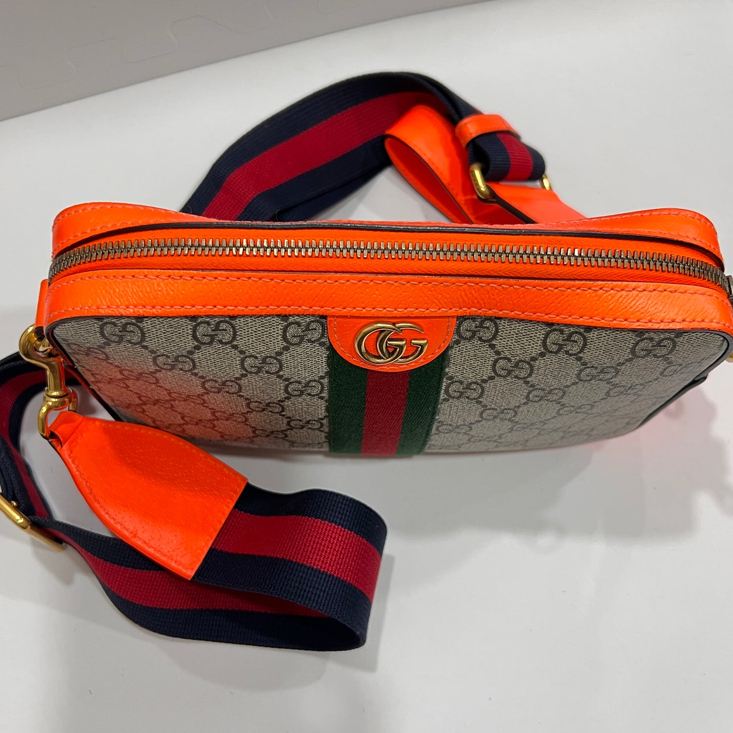 GUCCI GG Supreme Monogram Textured Dollar Calfskin Web Ophidia Wristlet Shoulder Bag Beige Ebony Orange