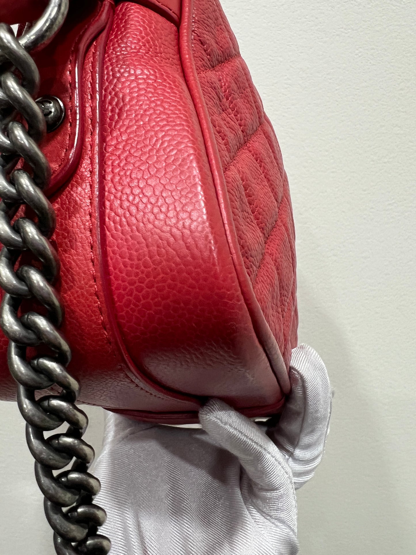 CHANEL Red Caviar Leather Camera Chain Bag