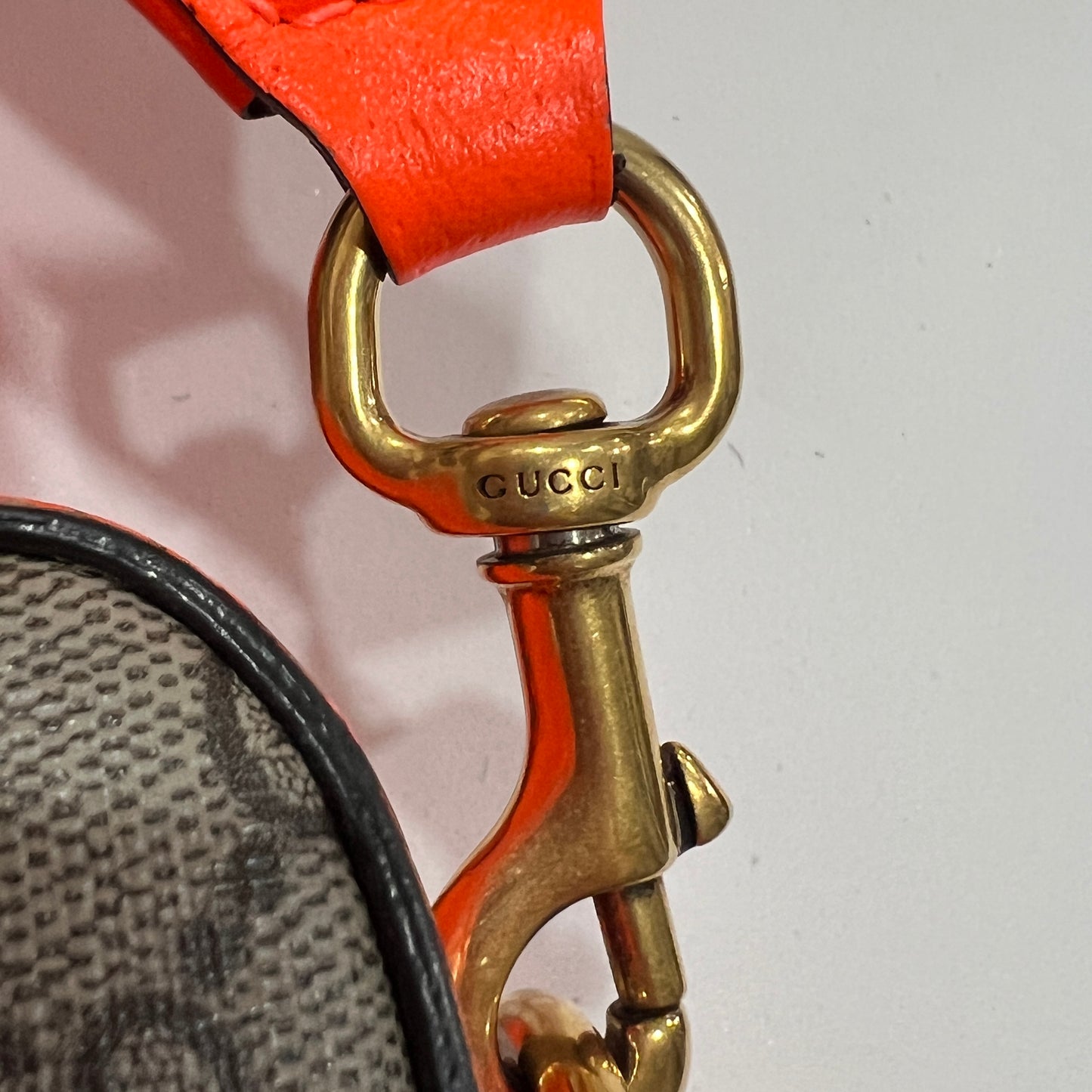 GUCCI GG Supreme Monogram Textured Dollar Calfskin Web Ophidia Wristlet Shoulder Bag Beige Ebony Orange