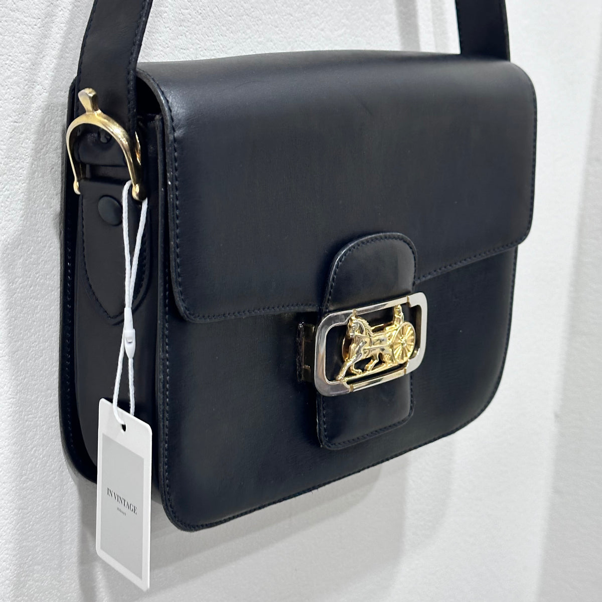 CELINE  Vintage Celine Horse Carriage Buckle Shoulder Bag in Dark leather with a Signature Gold-and-Silver Tone Sulky Horse-and-Carriage Front Clasp
