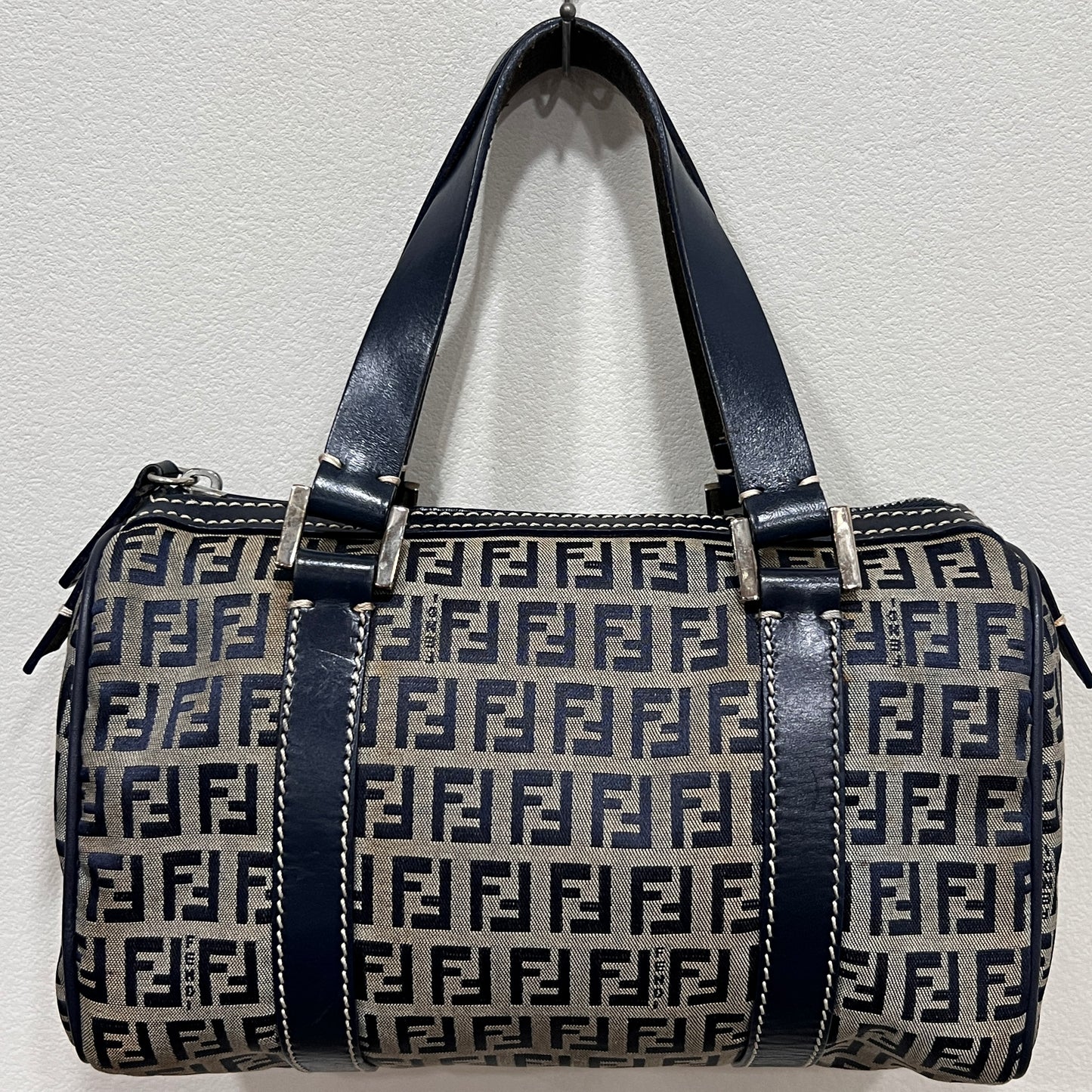 FENDI Zuccino Navy Blue Silver Hardware Handbag 25cm