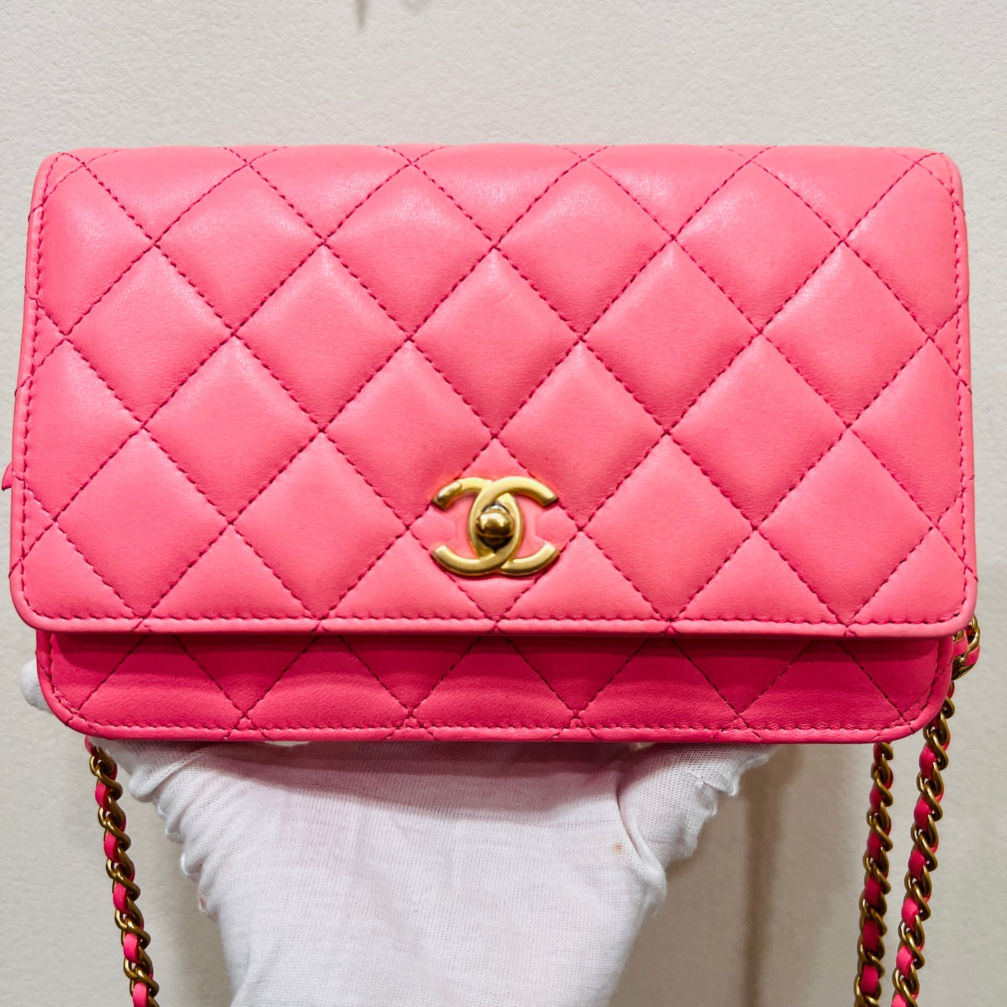Chanel Pink Lambskin Leather Chain Wallet Crossbody
