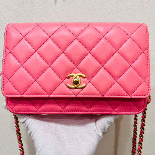 Chanel Pink Lambskin Leather Chain Wallet Crossbody
