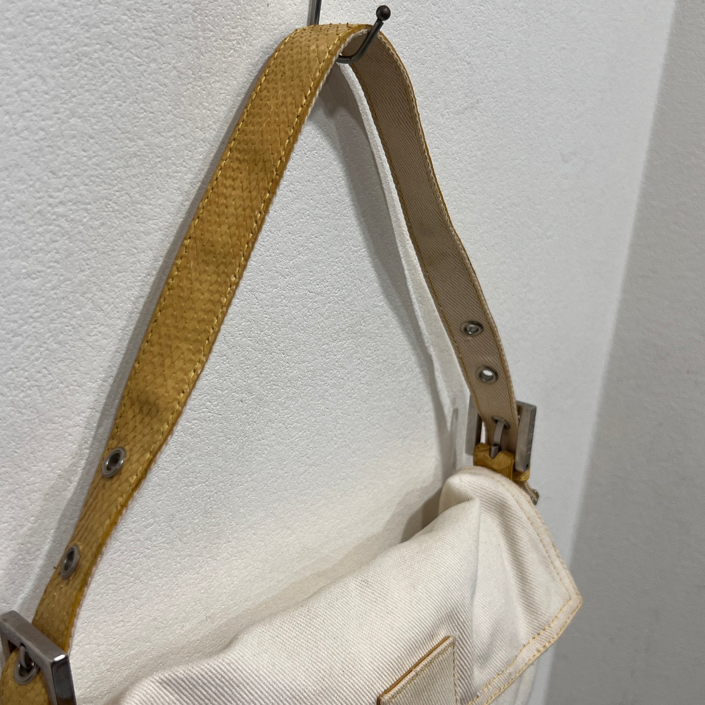 FENDI White Denim & Snakeskin Baguette