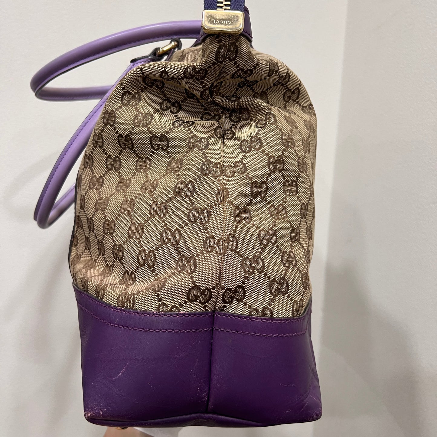 GUCCI GG Canvas Tote Bag Purple Trim and Leather Tassel Charm