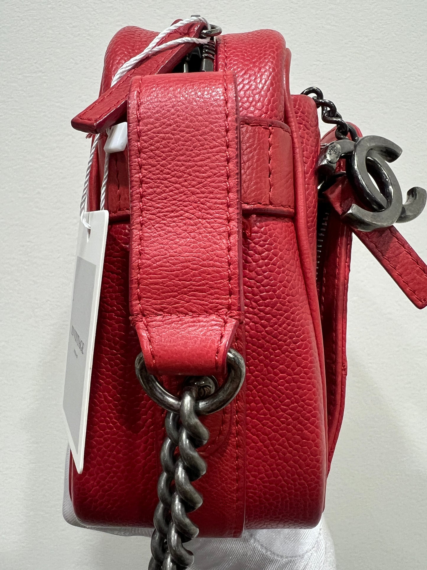CHANEL Red Caviar Leather Camera Chain Bag