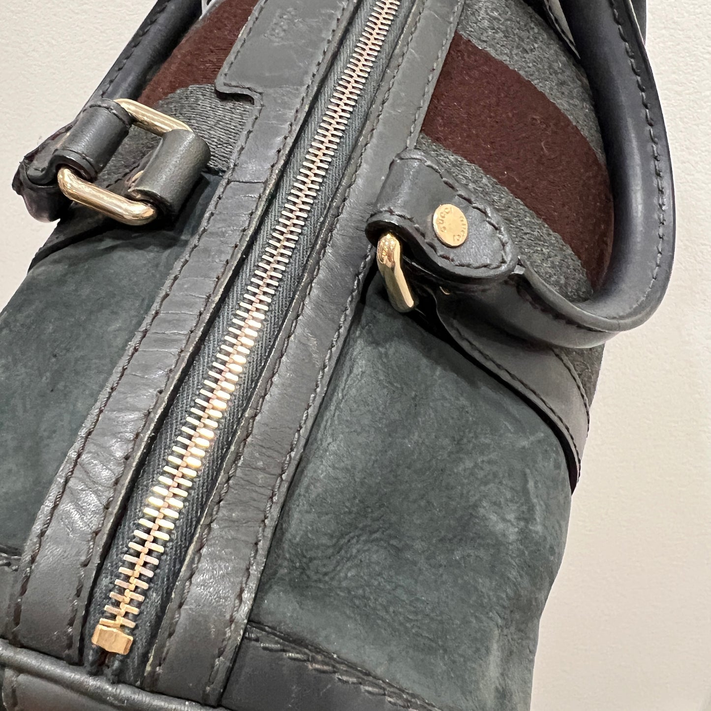 GUCCI Green Gucci Suede Web Satchel/Boston Bag