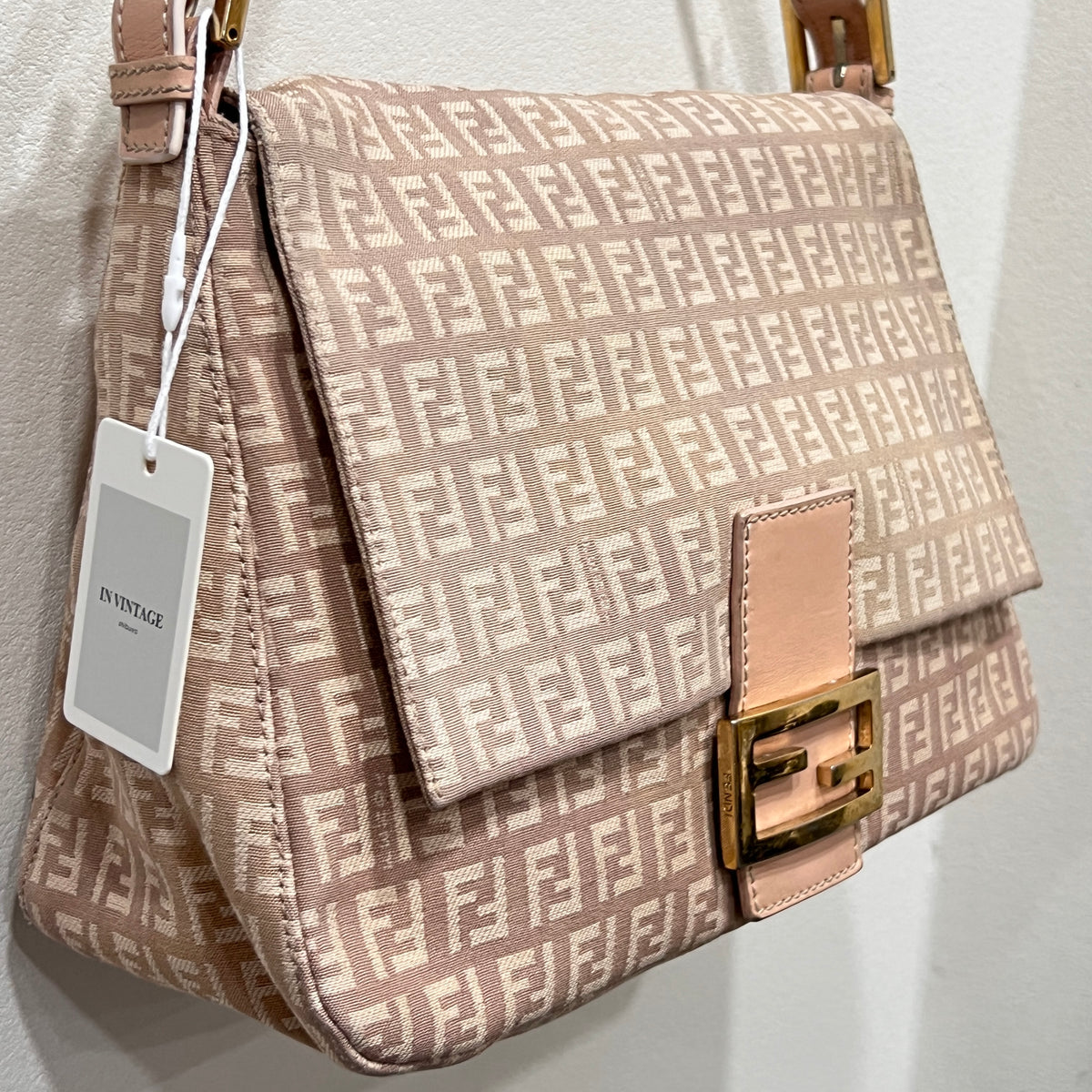FENDI Mamma Baguette Zuccino Canvas in Old Rose Gold