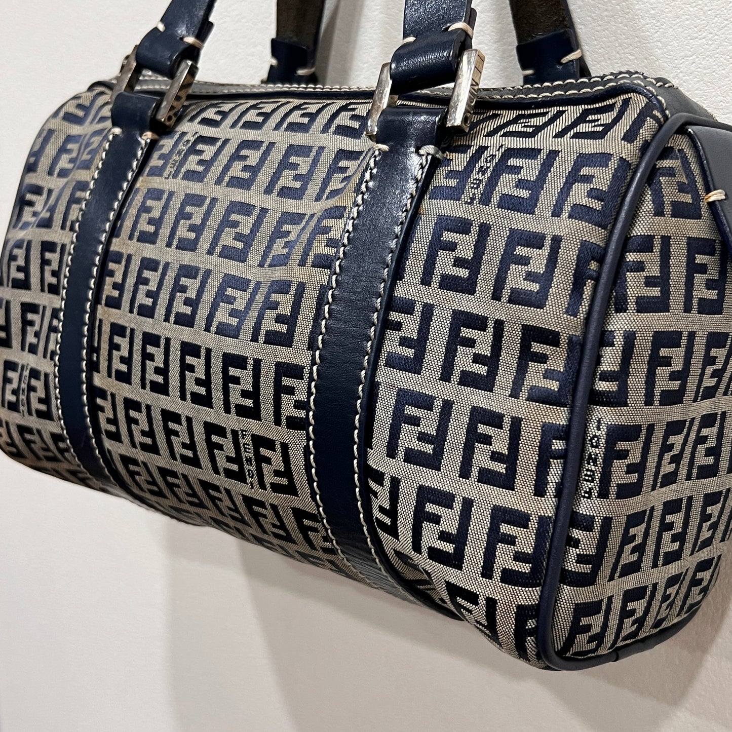 FENDI Zuccino Navy Blue Silver Hardware Handbag 25cm