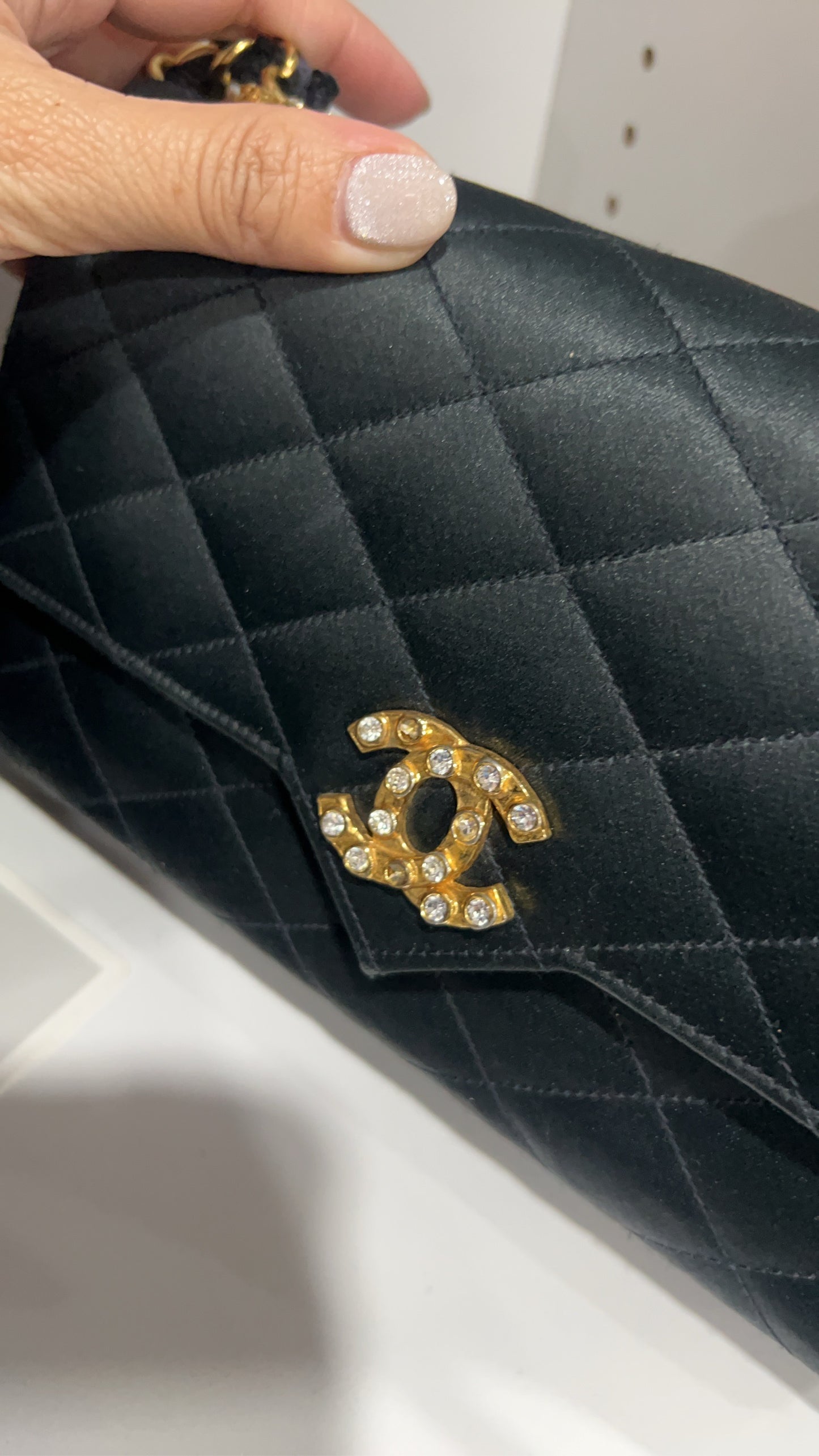 CHANEL Vintage Satin Crystal Embellished Pointed Flap Gold Chain Year 1986-1988