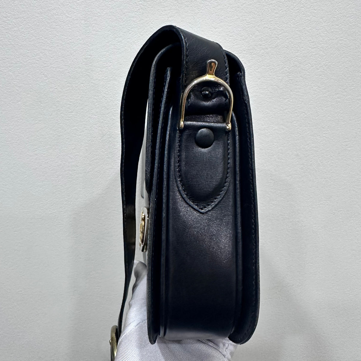 CELINE  Vintage Celine Horse Carriage Buckle Shoulder Bag in Dark leather with a Signature Gold-and-Silver Tone Sulky Horse-and-Carriage Front Clasp