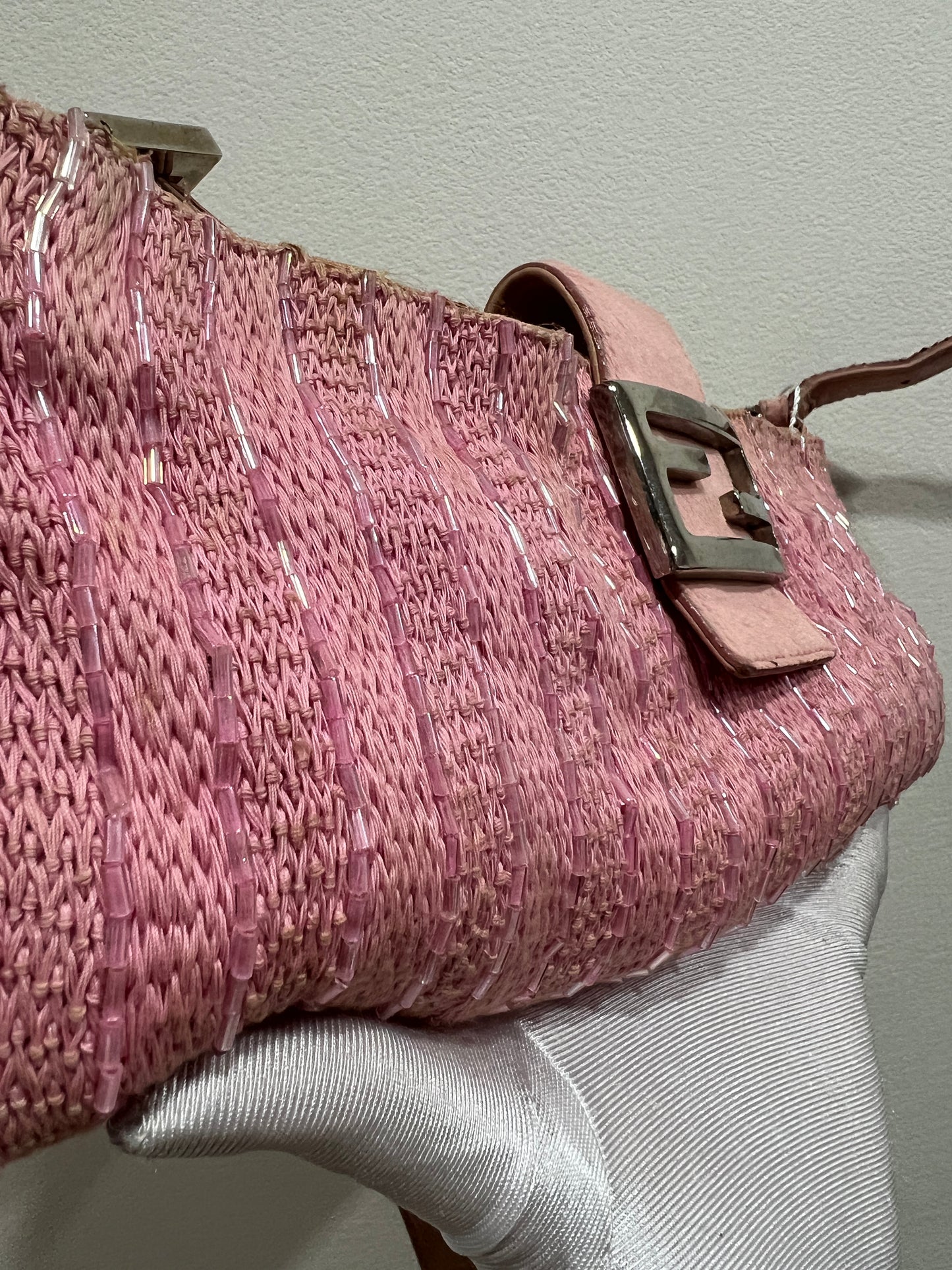 FENDI Pink Beaded Baguette Shoulder Bag