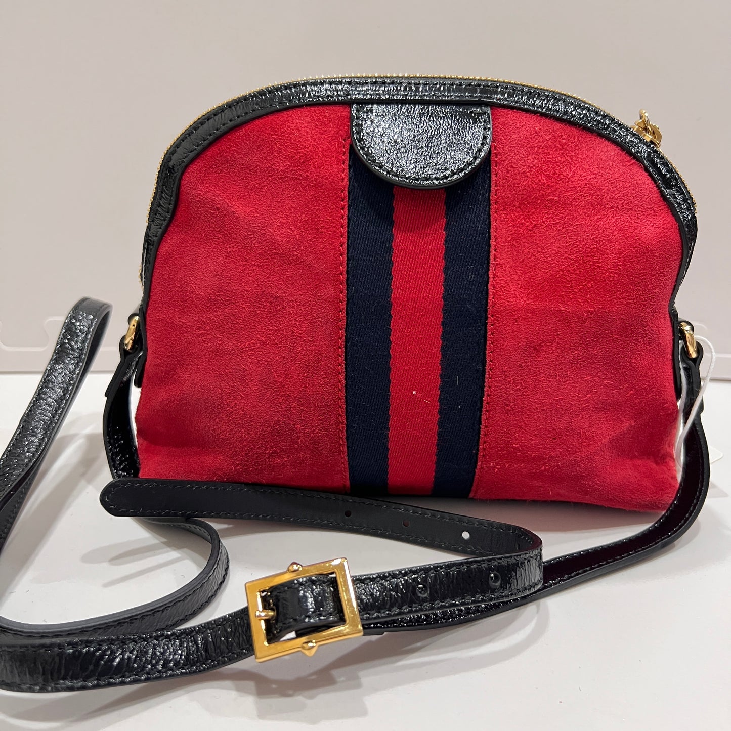 GUCCI Ophidia GG Suede Half-Moon Shoulder Bag RED