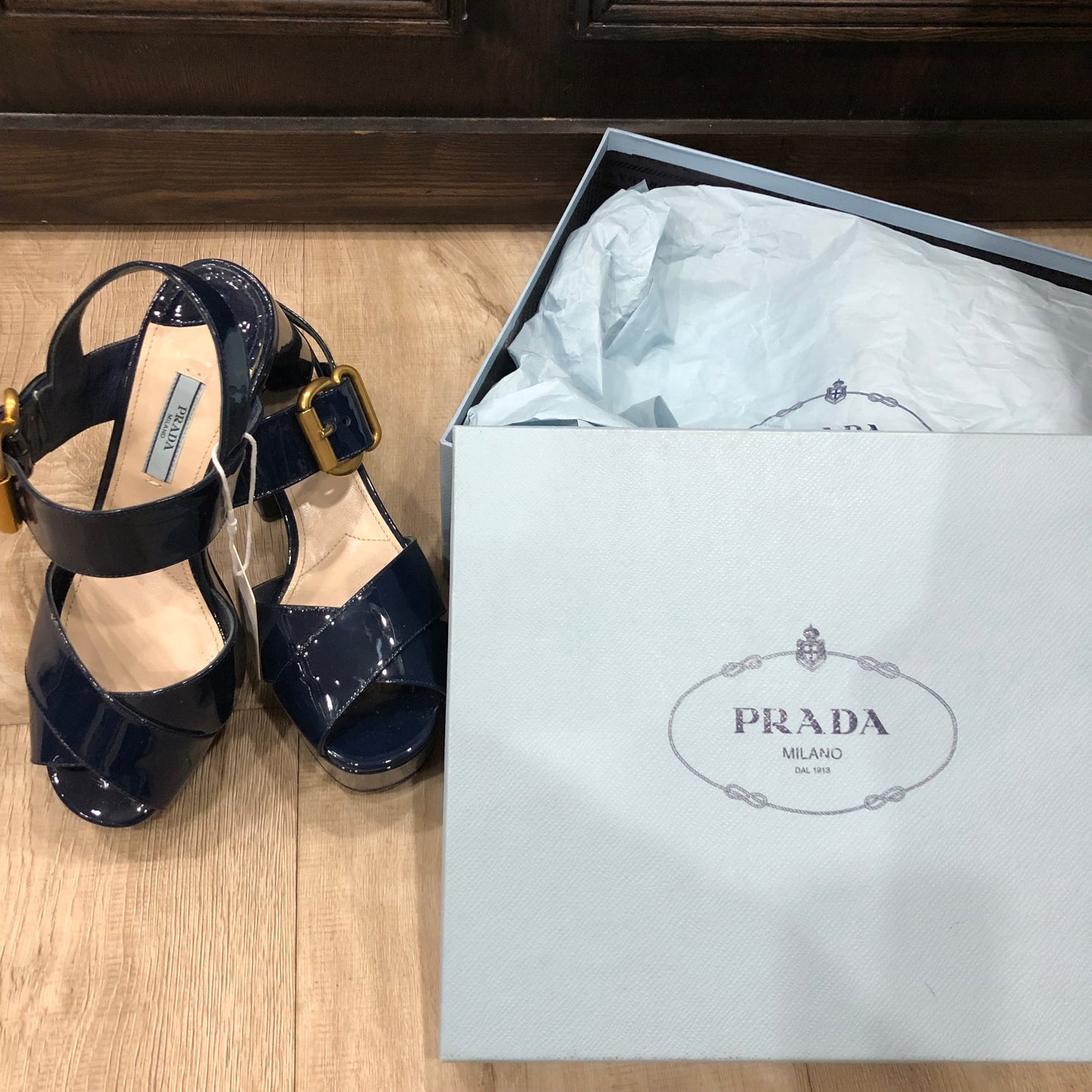 PRADA Crisscross Navy Blue Patent Leather Platform Sandals Size 38