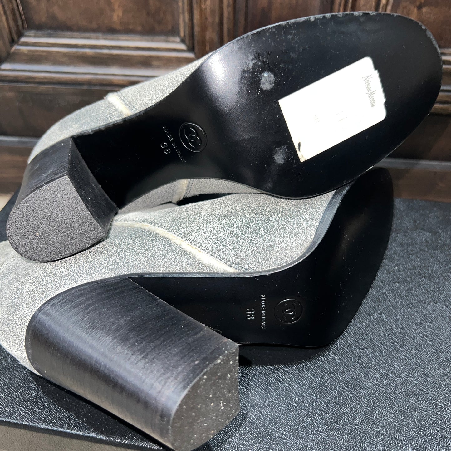 CHANEL Suade Calf Skin CC Ankle Boots Grey Leather Size 38