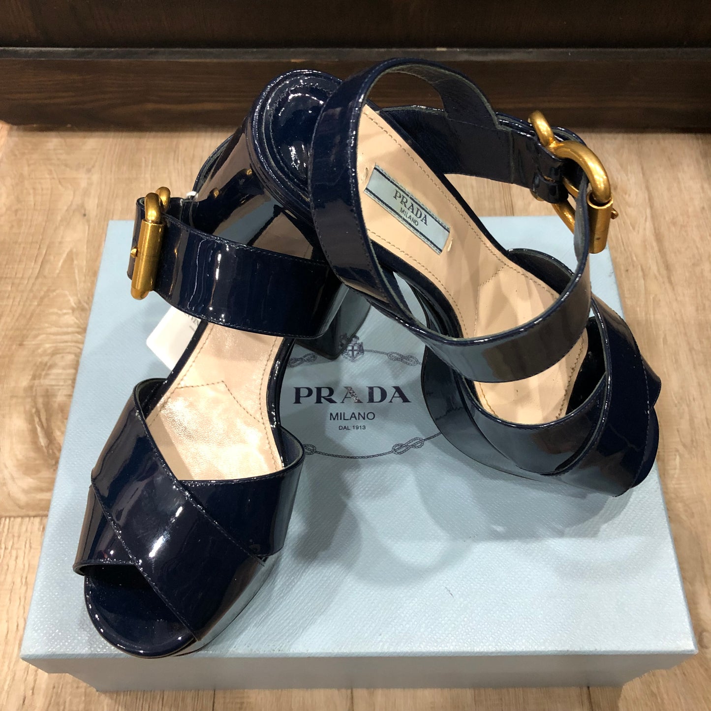 PRADA Crisscross Navy Blue Patent Leather Platform Sandals Size 38