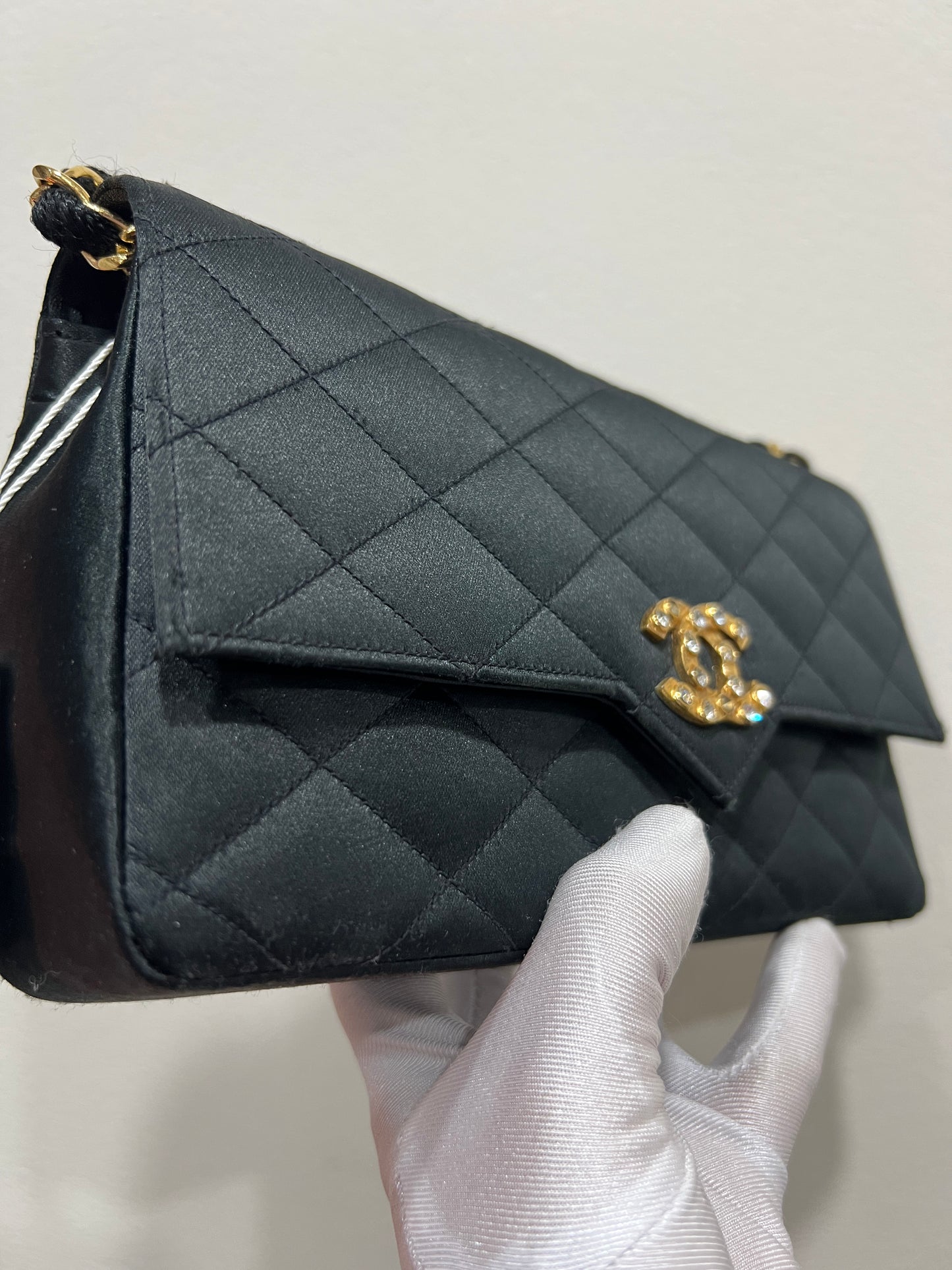 CHANEL Vintage Satin Crystal Embellished Pointed Flap Gold Chain Year 1986-1988