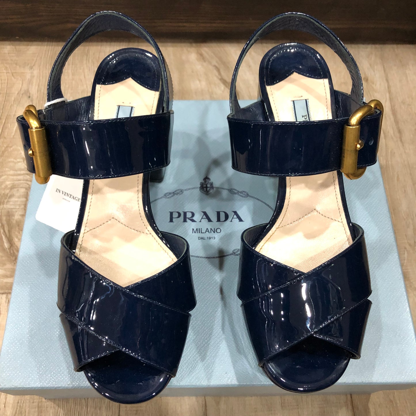 PRADA Crisscross Navy Blue Patent Leather Platform Sandals Size 38