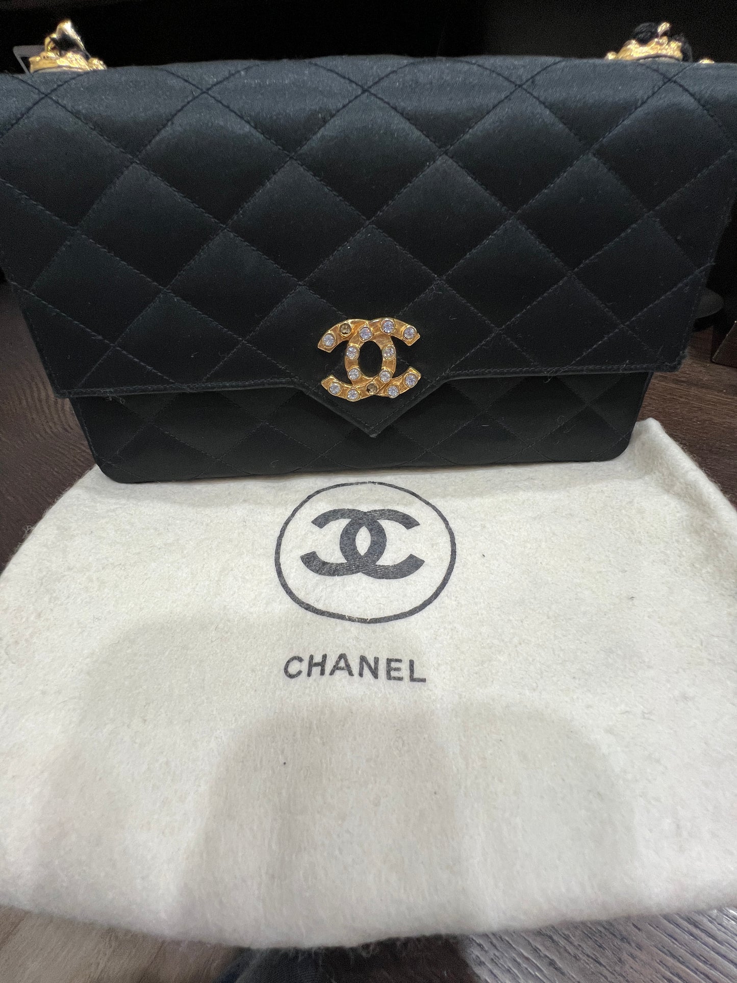 CHANEL Vintage Satin Crystal Embellished Pointed Flap Gold Chain Year 1986-1988