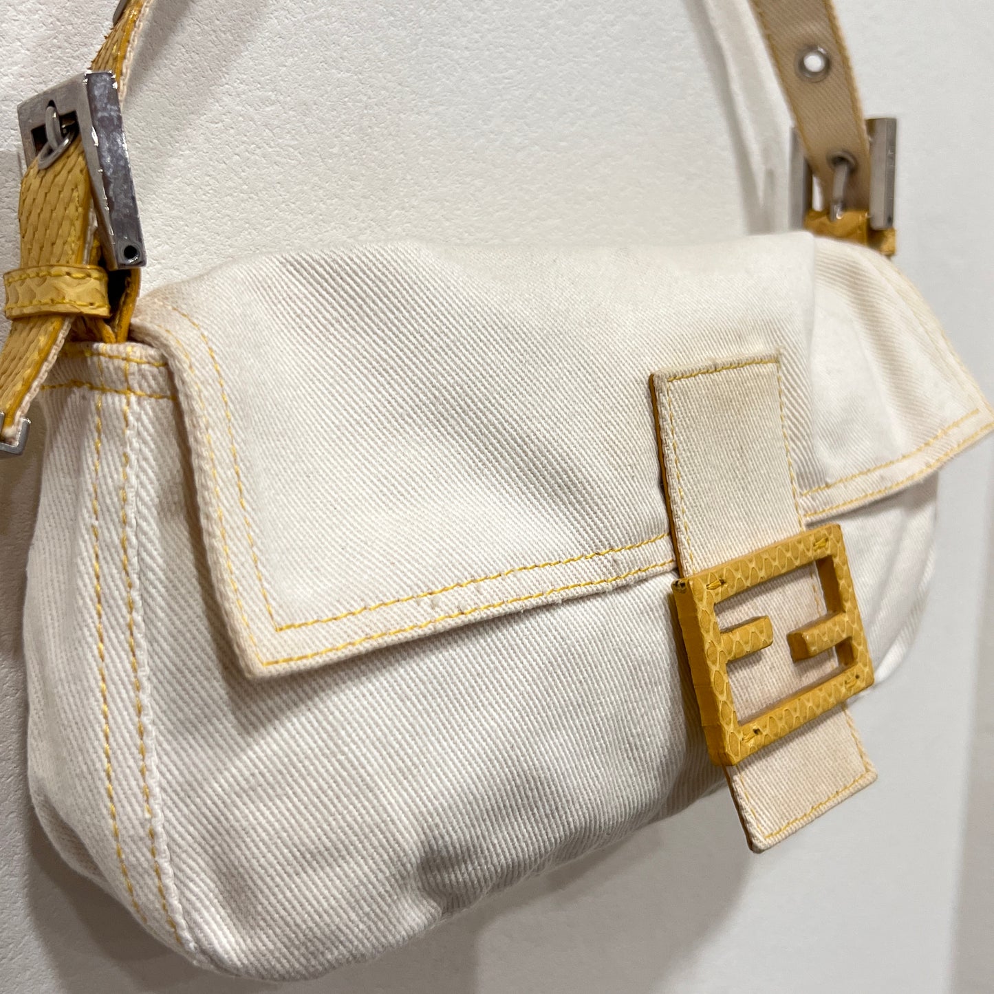 FENDI White Denim & Snakeskin Baguette