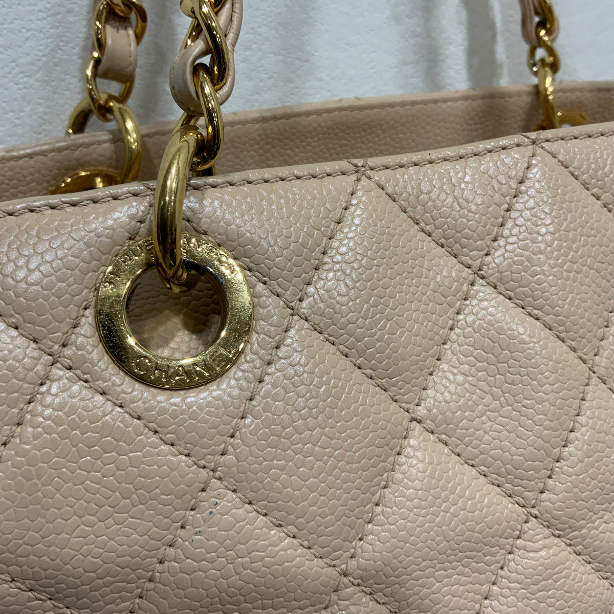 CHANEL Beige Petite Timeless Tote Quilted Caviar Leather