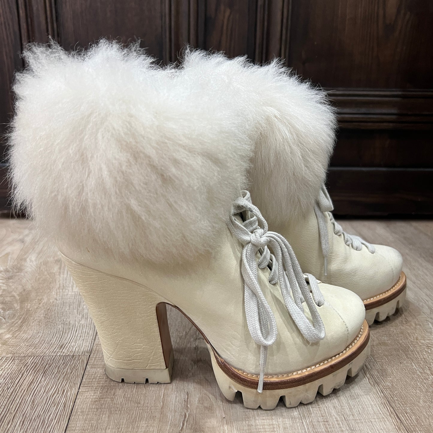 PRADA White Leather Fur Lined Shearling Half Boots Size 6 or 36 Shoes