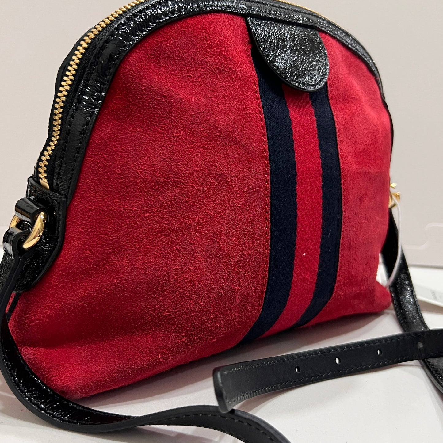 GUCCI Ophidia GG Suede Half-Moon Shoulder Bag RED