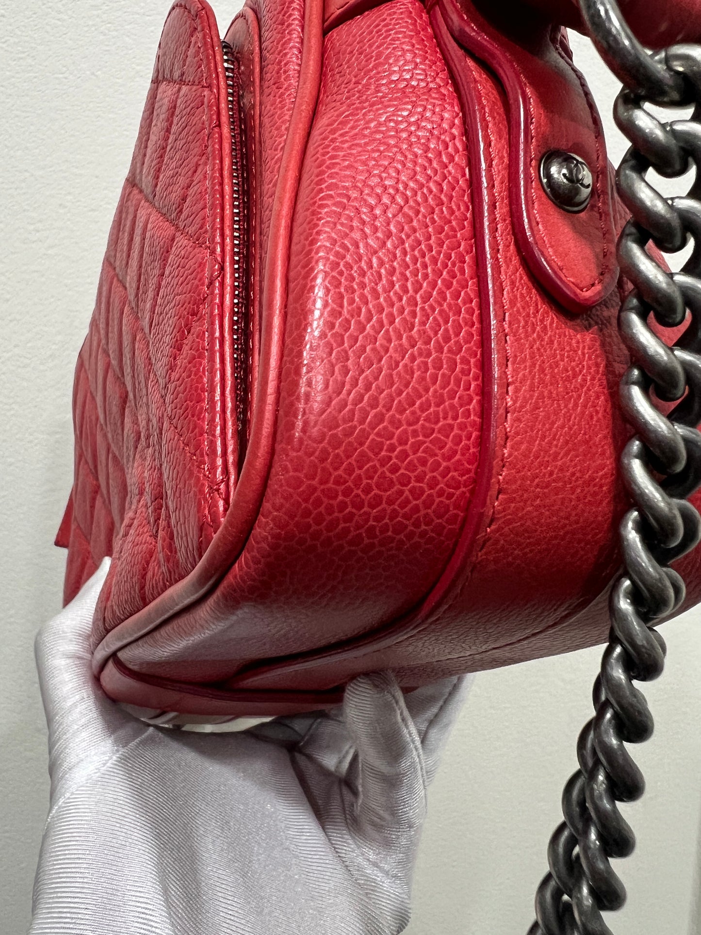 CHANEL Red Caviar Leather Camera Chain Bag