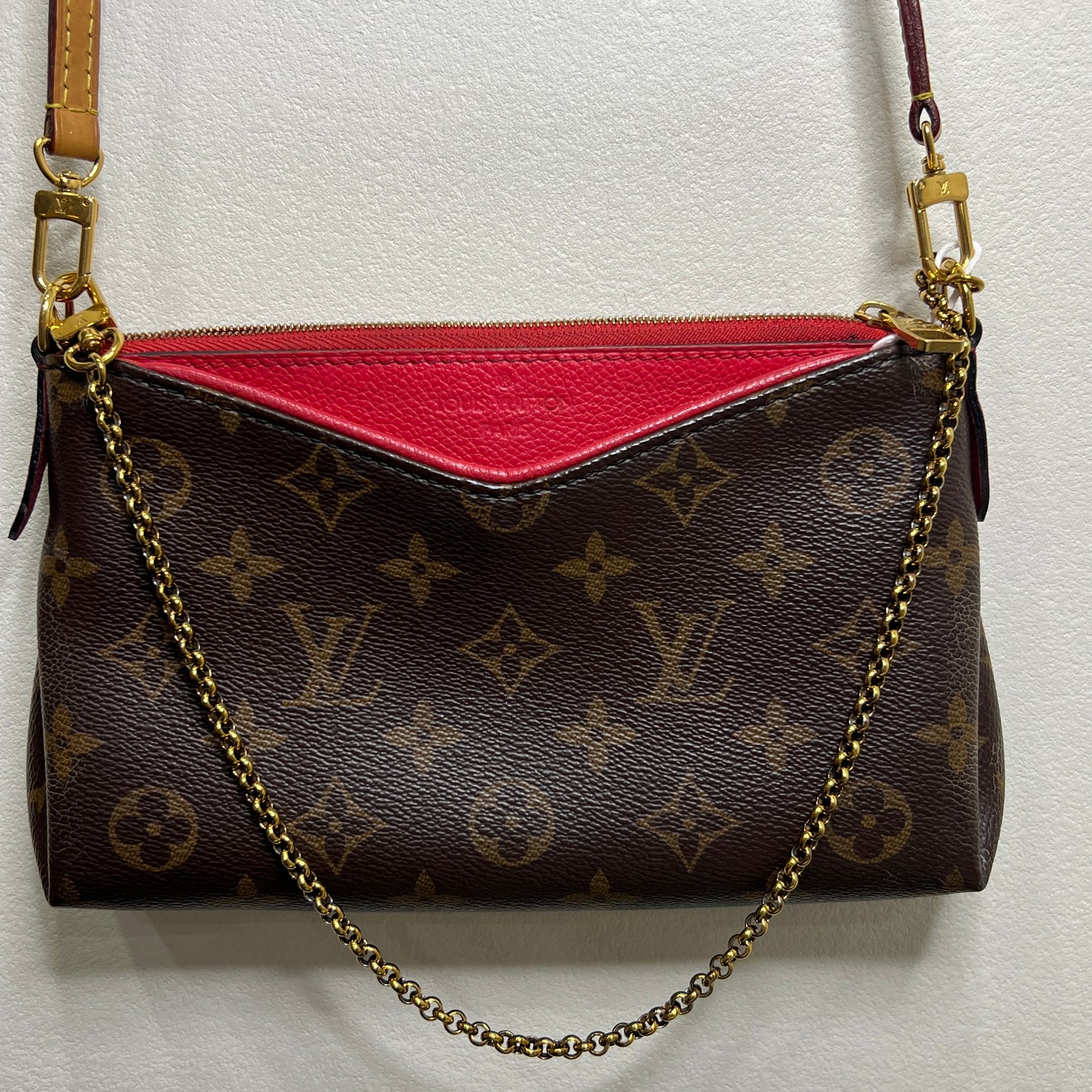 LOUIS VUITTON Pallas Clutch Red with Long Strap