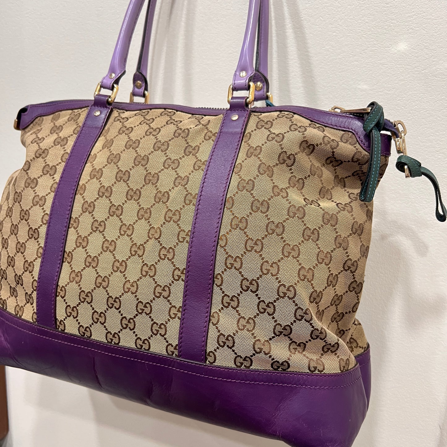 GUCCI GG Canvas Tote Bag Purple Trim and Leather Tassel Charm