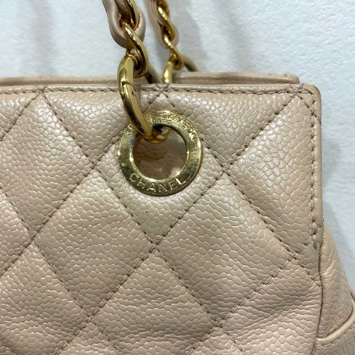 CHANEL Beige Petite Timeless Tote Quilted Caviar Leather