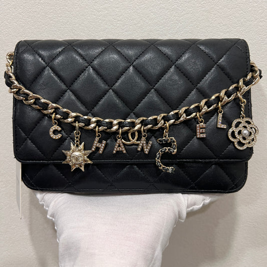 CHANEL Black Wallet on Chain (WOC) Coco Charm Lambskin