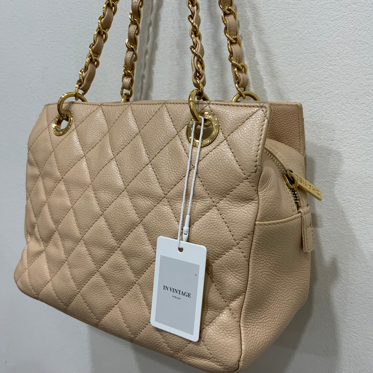 CHANEL Beige Petite Timeless Tote Quilted Caviar Leather