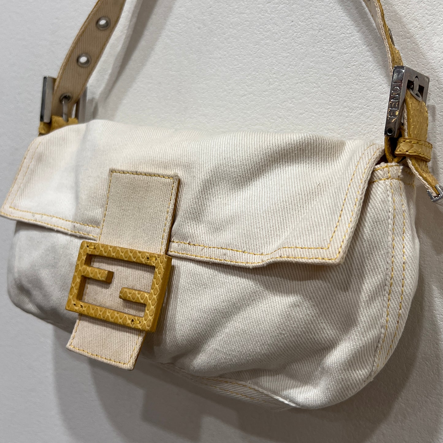 FENDI White Denim & Snakeskin Baguette
