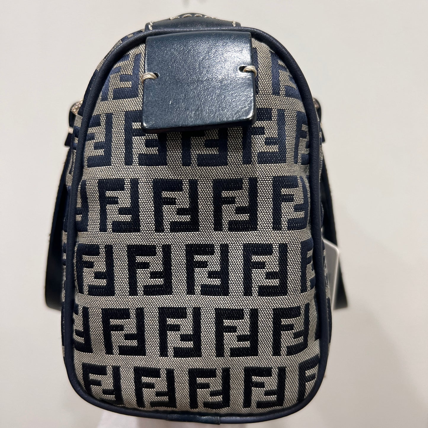 FENDI Zuccino Navy Blue Silver Hardware Handbag 25cm