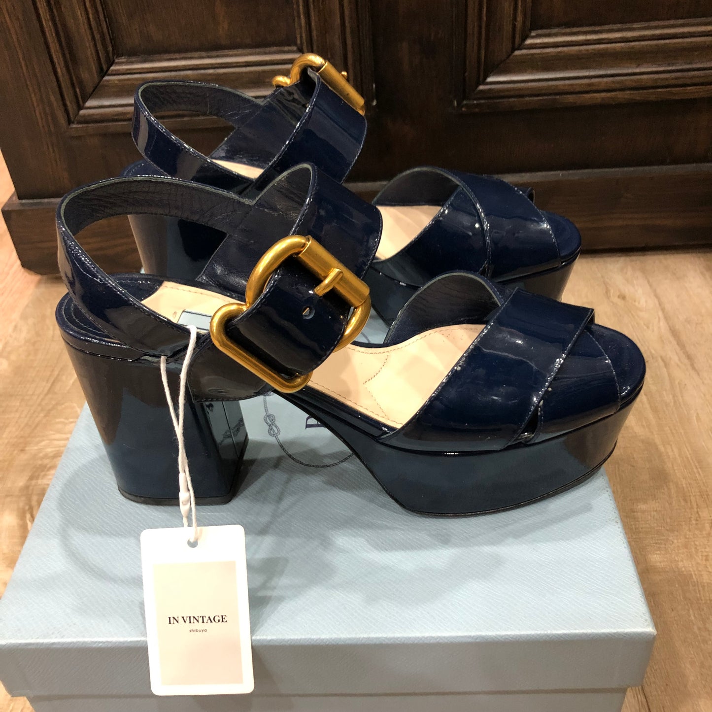 PRADA Crisscross Navy Blue Patent Leather Platform Sandals Size 38