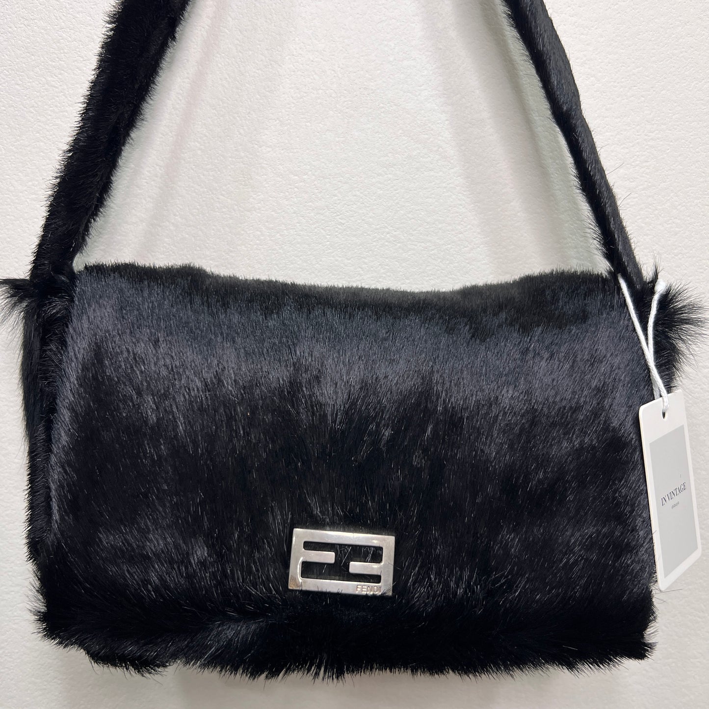 FENDI Baguette Black Faux Fur Shoulder Bag