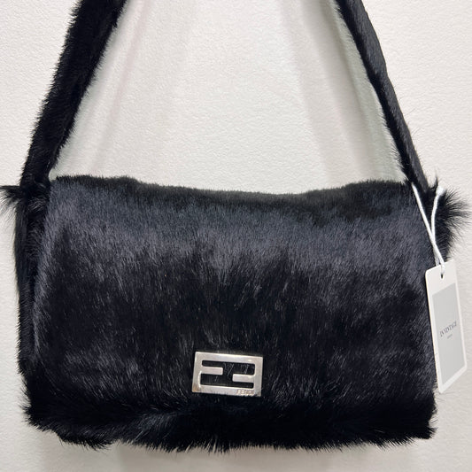 FENDI Baguette Black Faux Fur Shoulder Bag