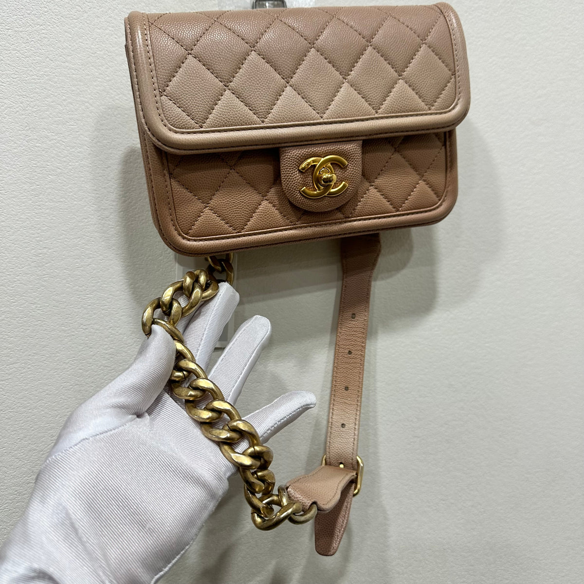 CHANEL Beige Ombre Quilted Caviar Leather Sunset On The Sea Flap / Waist Bag