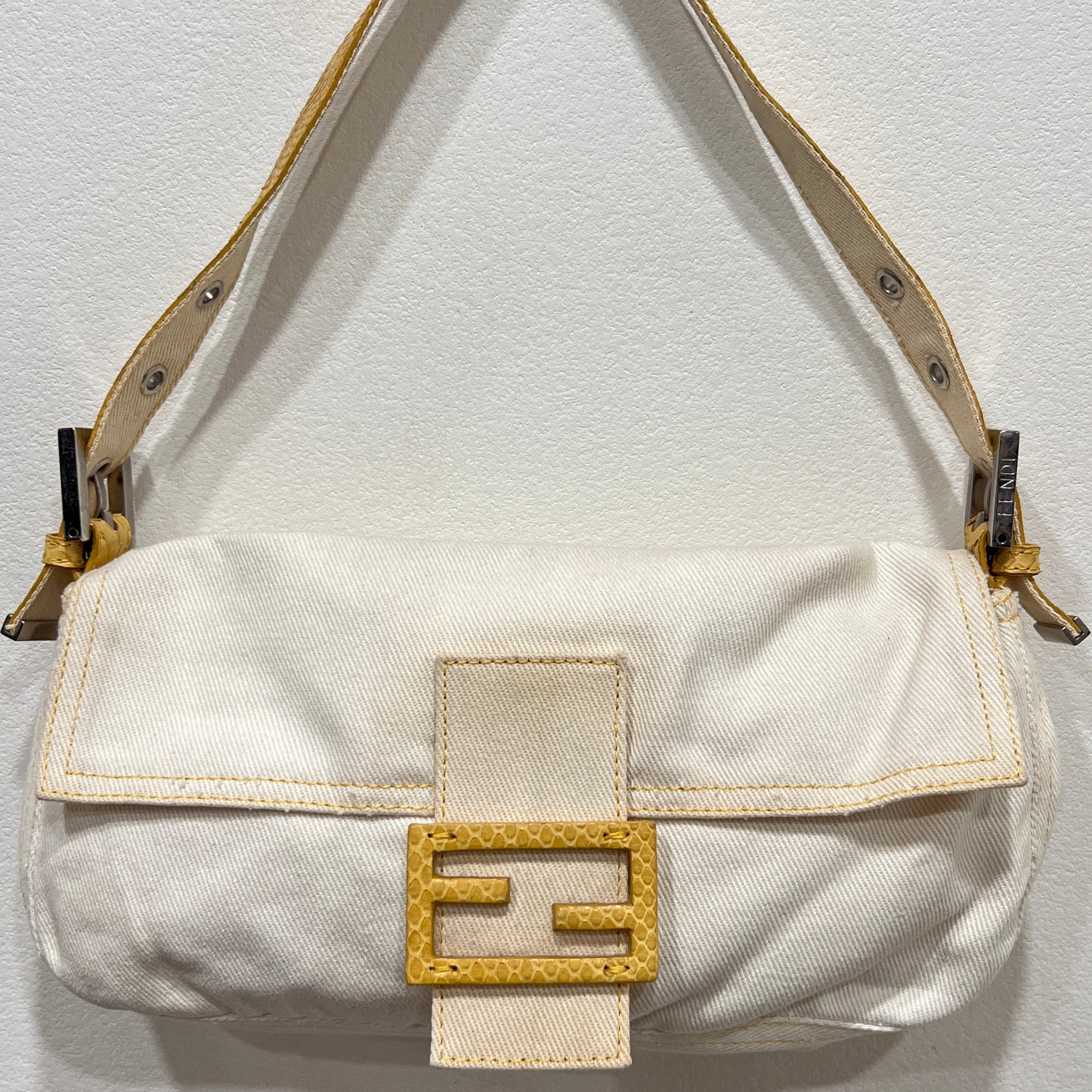 FENDI White Denim & Snakeskin Baguette