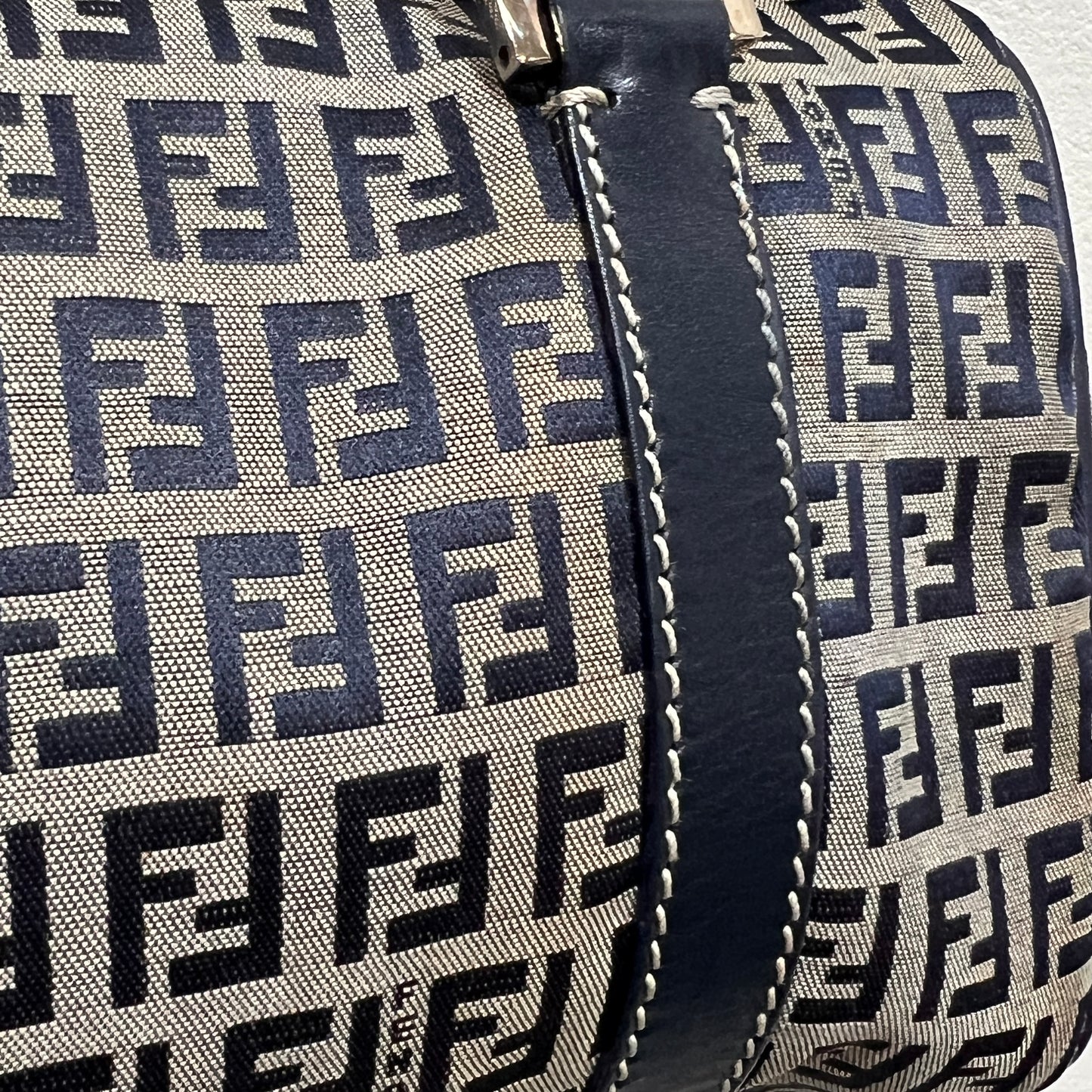 FENDI Zuccino Navy Blue Silver Hardware Handbag 25cm