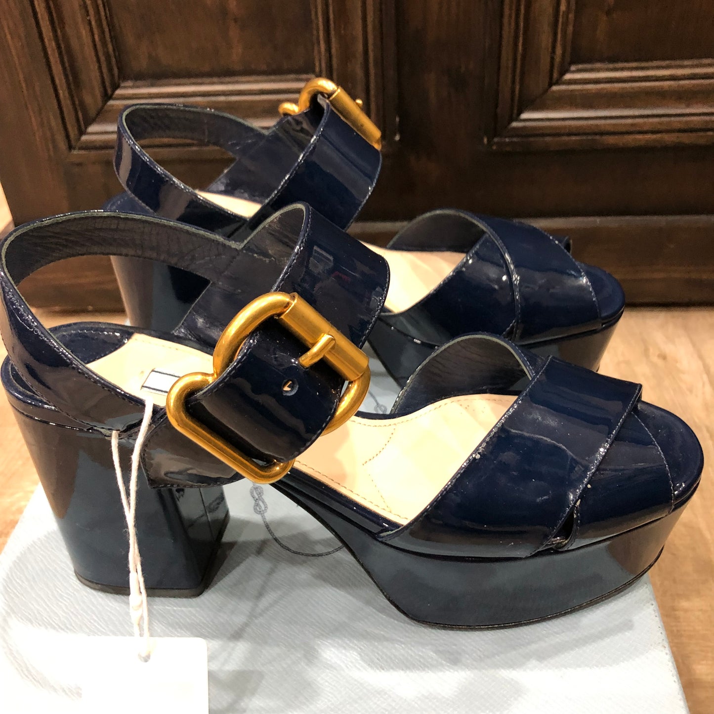 PRADA Crisscross Navy Blue Patent Leather Platform Sandals Size 38