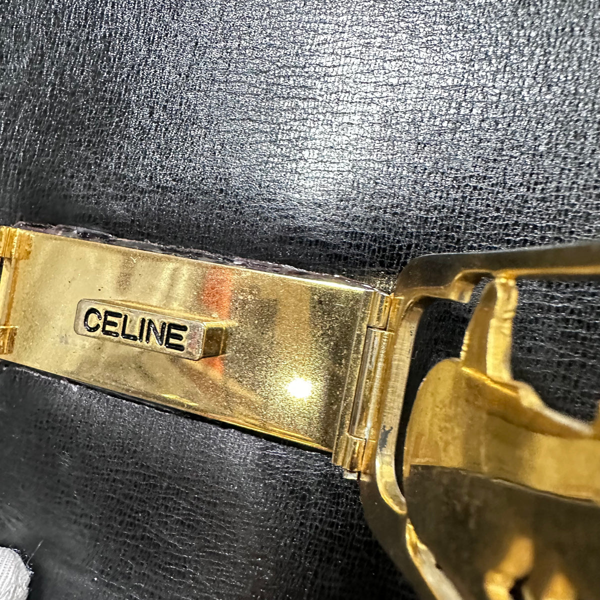 CELINE  Vintage Celine Horse Carriage Buckle Shoulder Bag in Dark leather with a Signature Gold-and-Silver Tone Sulky Horse-and-Carriage Front Clasp