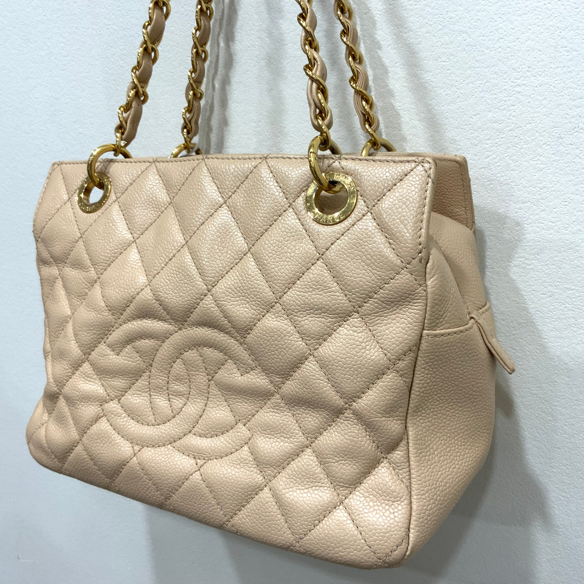 CHANEL Beige Petite Timeless Tote Quilted Caviar Leather