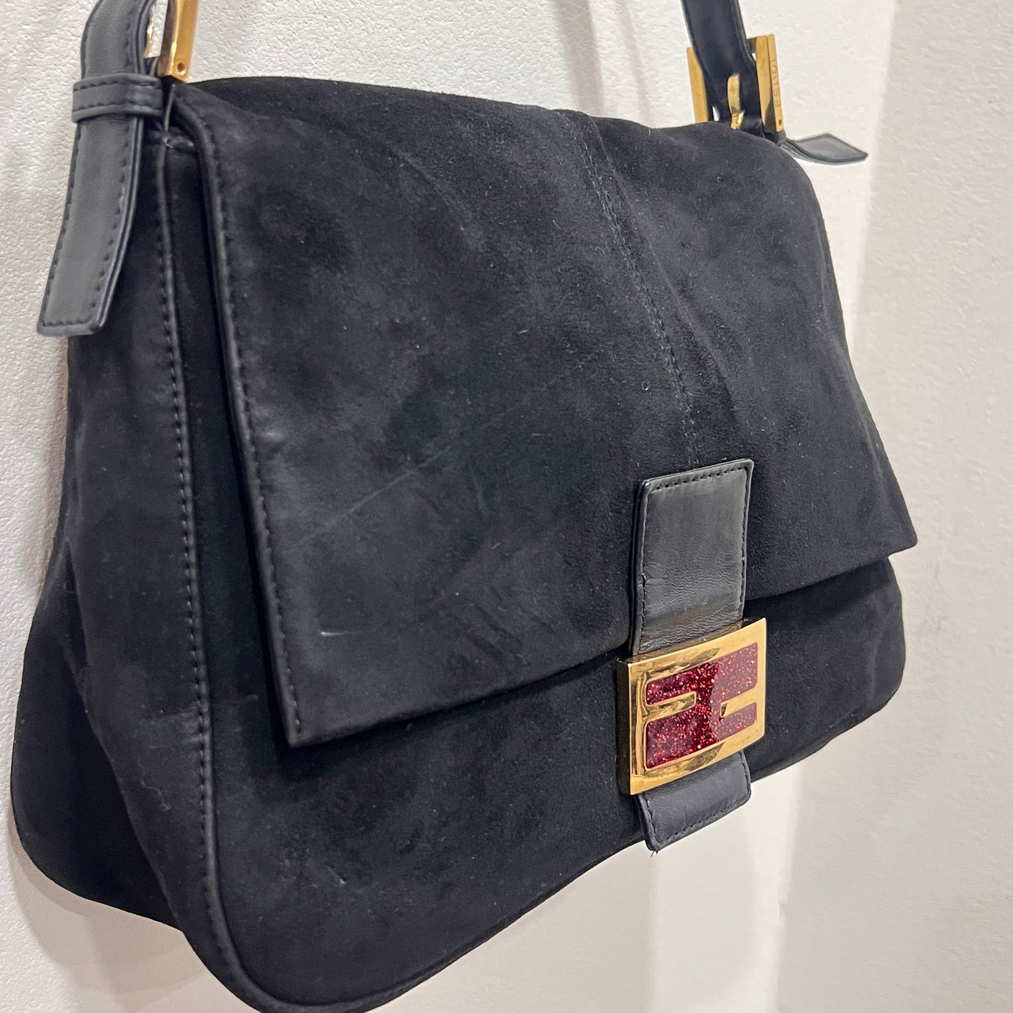 FENDI Black Suede Mamma Baguette