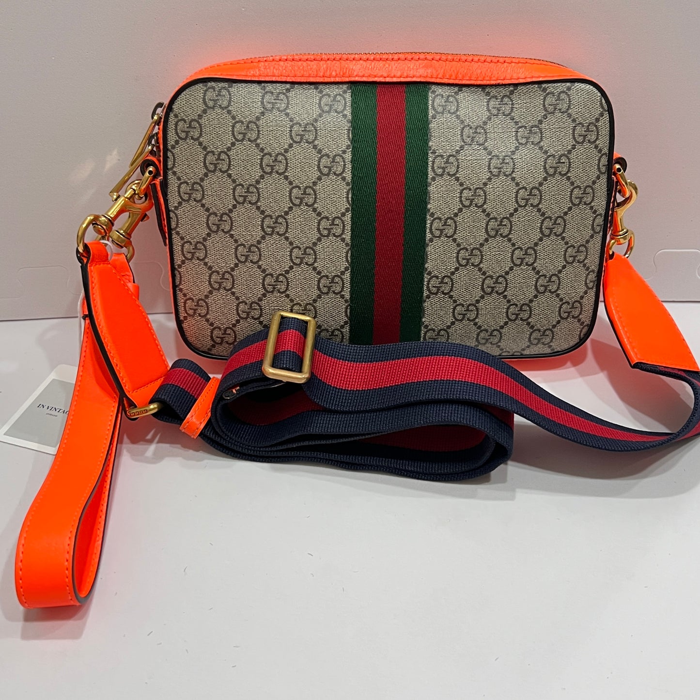 GUCCI GG Supreme Monogram Textured Dollar Calfskin Web Ophidia Wristlet Shoulder Bag Beige Ebony Orange