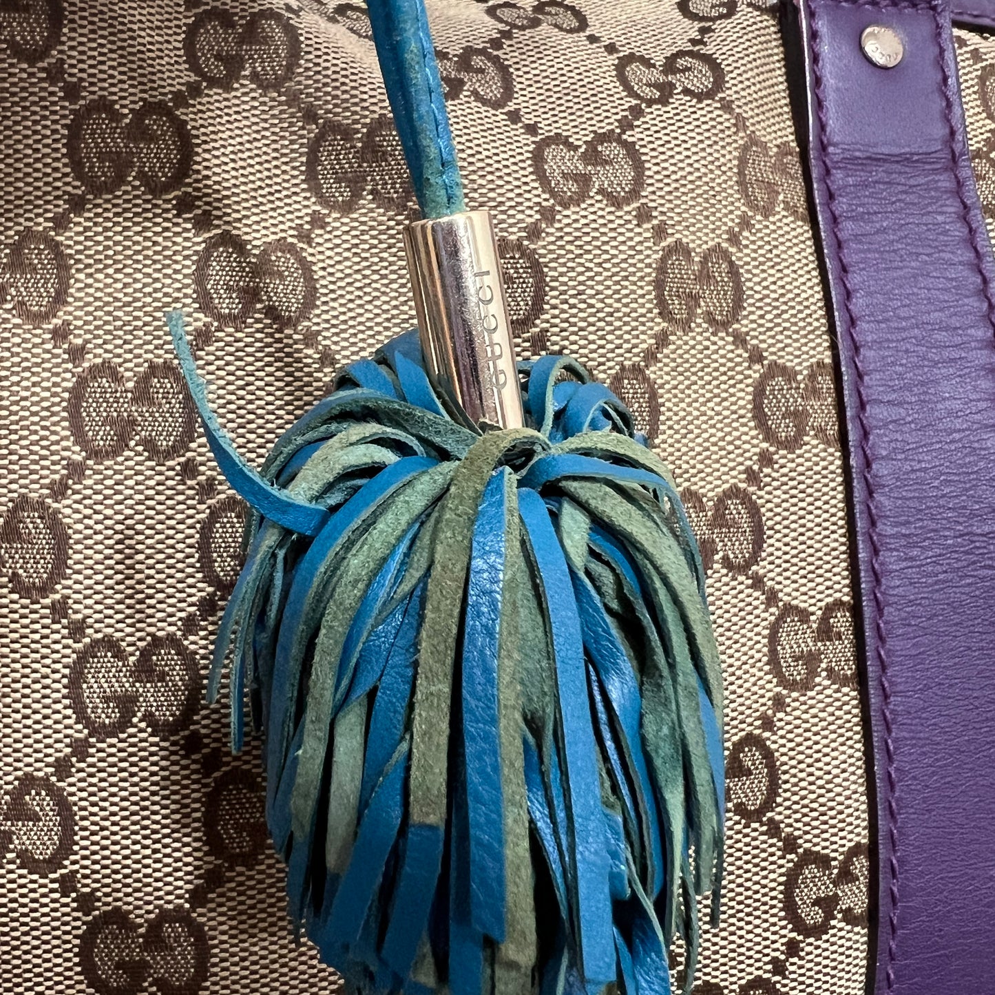 GUCCI GG Canvas Tote Bag Purple Trim and Leather Tassel Charm