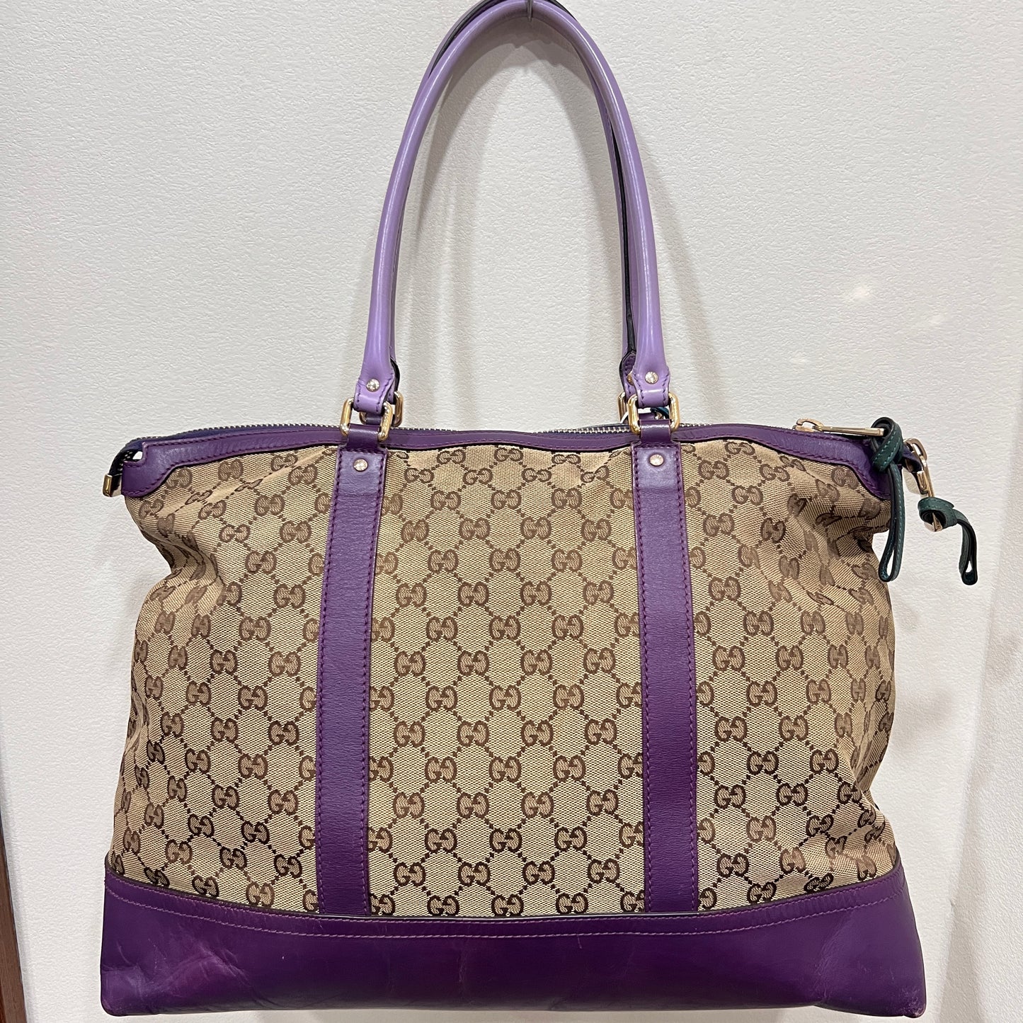 GUCCI GG Canvas Tote Bag Purple Trim and Leather Tassel Charm