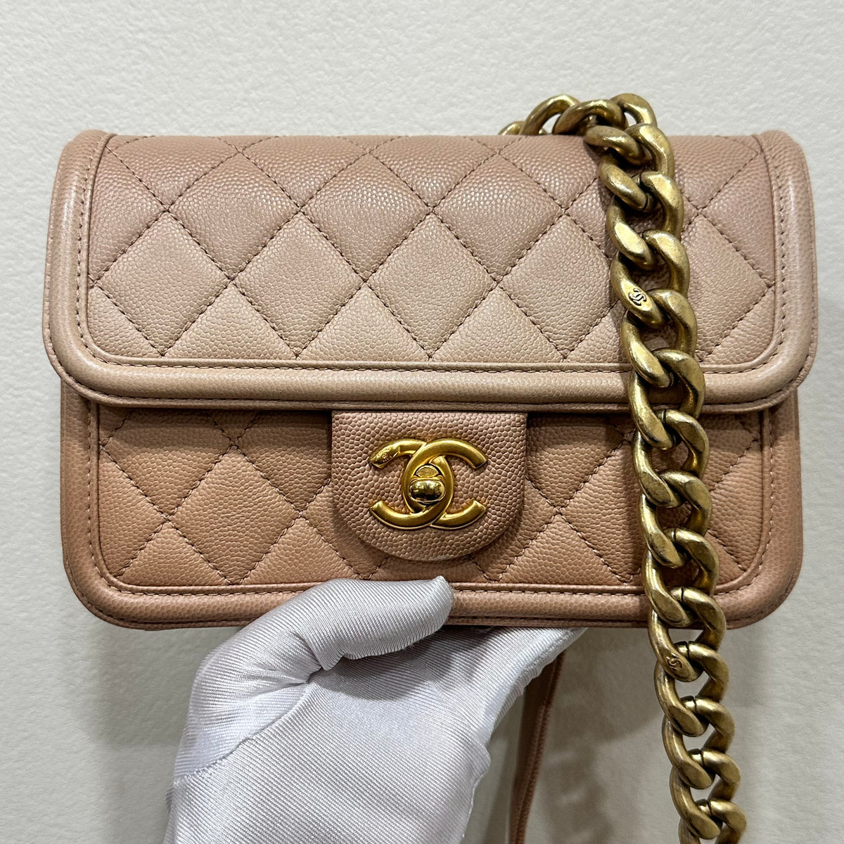 CHANEL Beige Ombre Quilted Caviar Leather Sunset On The Sea Flap / Waist Bag